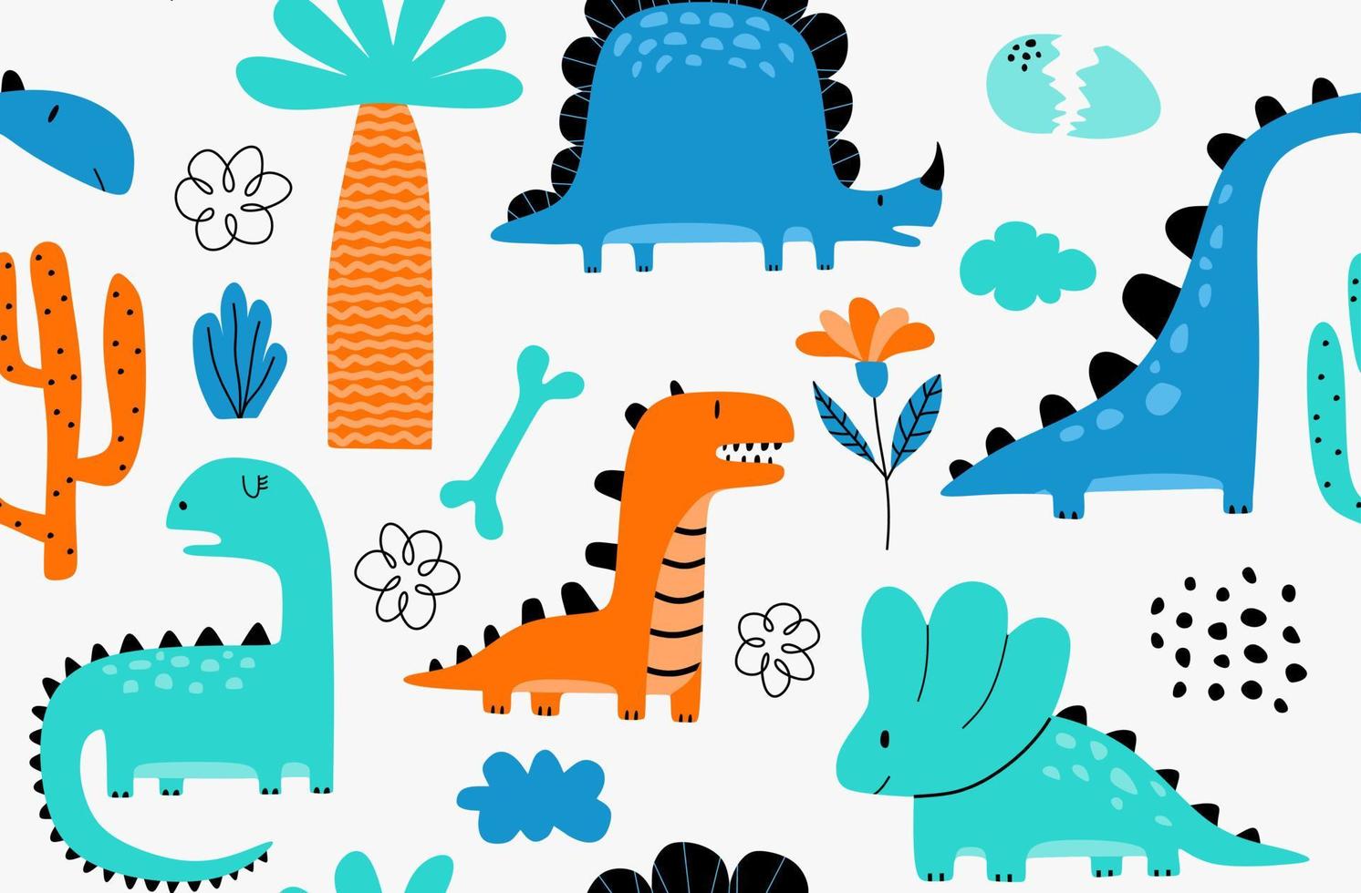 Candinavian stylehildish seamless pattern with hand drawn dino in sc. vector
