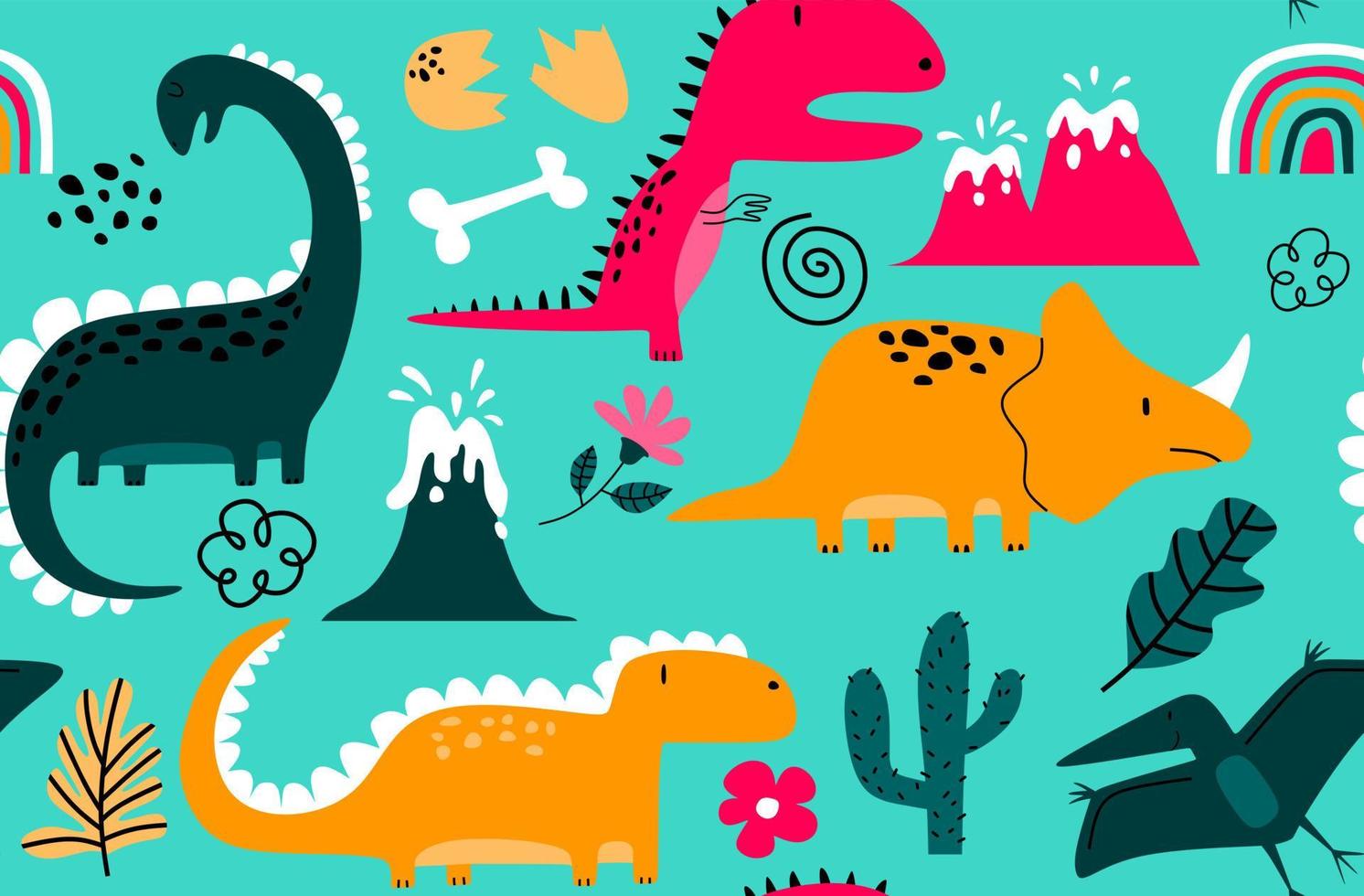 Childish seamless pattern with hand drawn dino in scandinavian style. vector