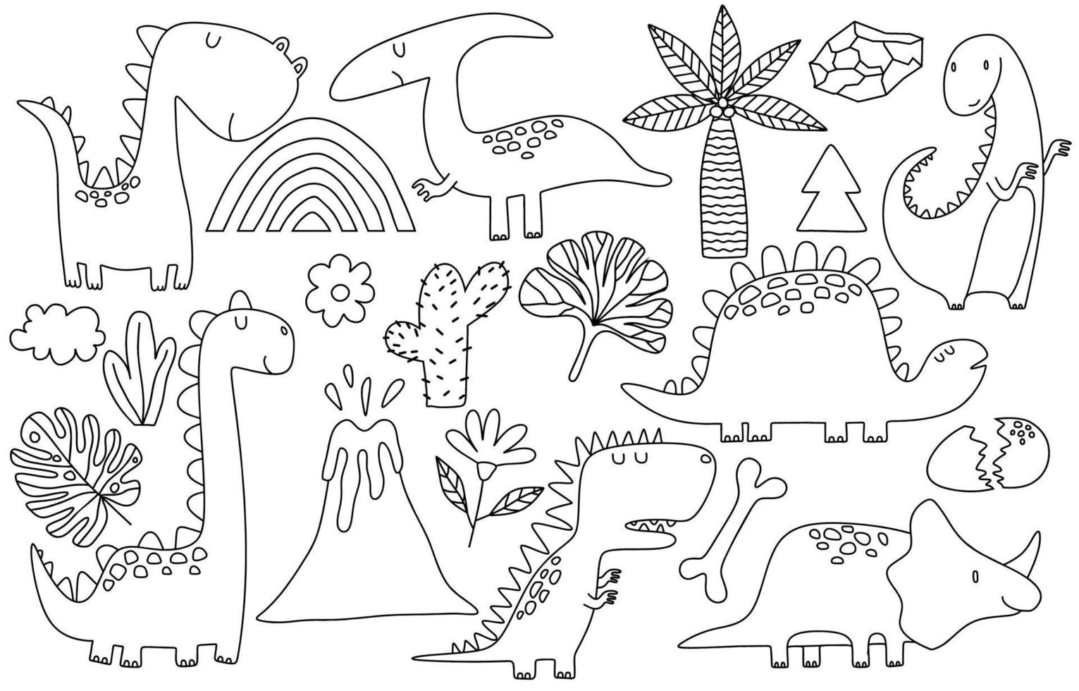 doodle of Cute dinosaurs and tropic plants.  Funny cartoon dino set. Hand drawn vector doodle set for kids