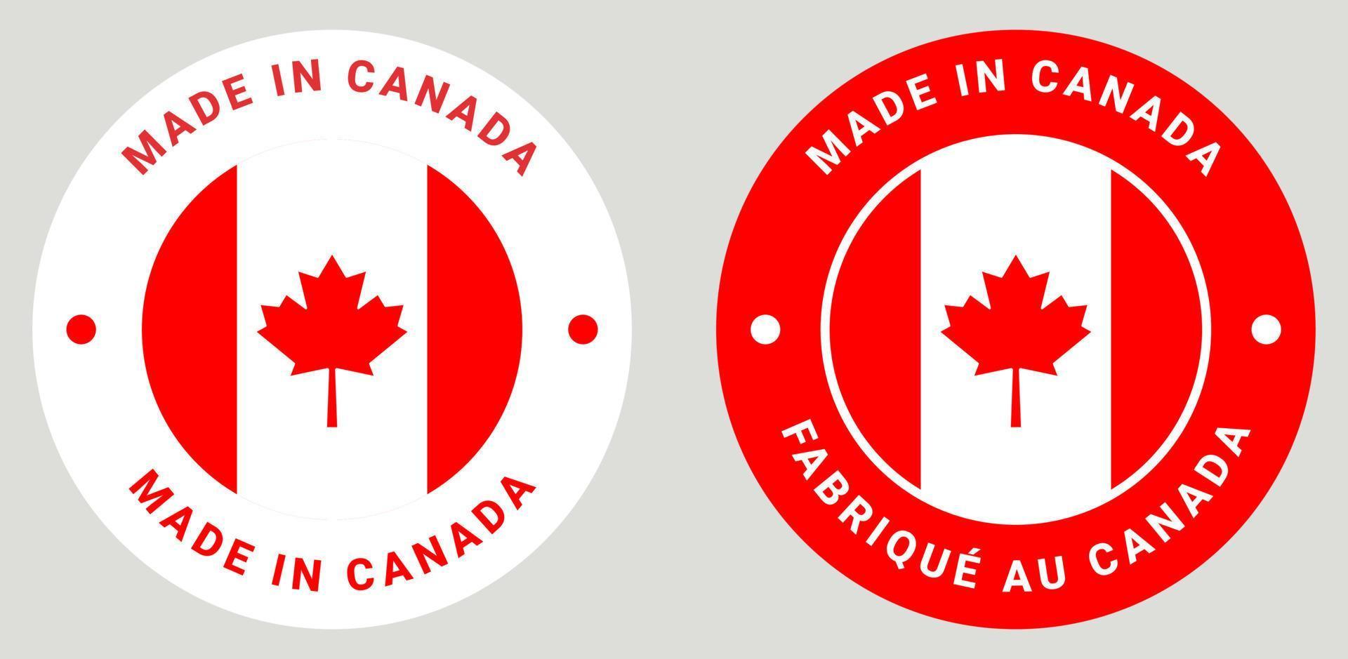 Hecho en Canadá. fabrique au canada en símbolo francés. emblema de calidad canadiense, etiqueta, cartel con hoja de arce roja. símbolo canadiense con banderas. vector