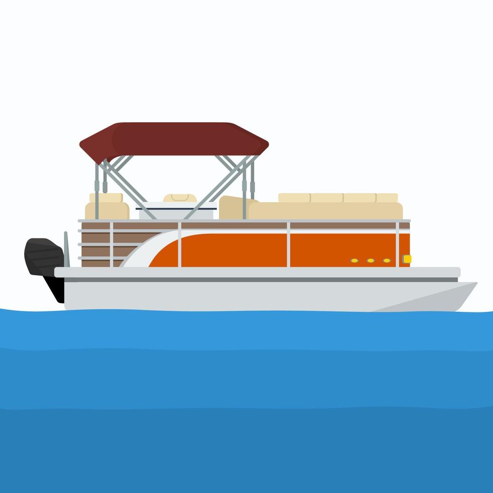 Editable Side View Detailed Pontoon Boat on Calm Blue Water Vector Illustration for Artwork Element of Transportation or Recreation Related Design