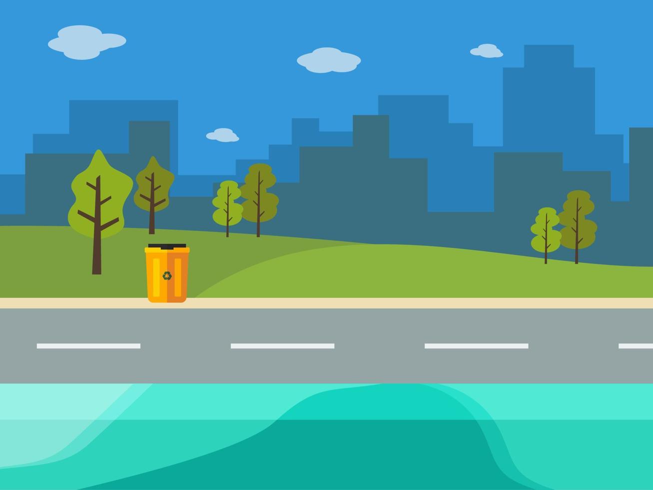 Editable Clean City Vector Illustration with A Trash Bin at The Side of Road in Flat Style for Green Urban Life Environment Related Purposes