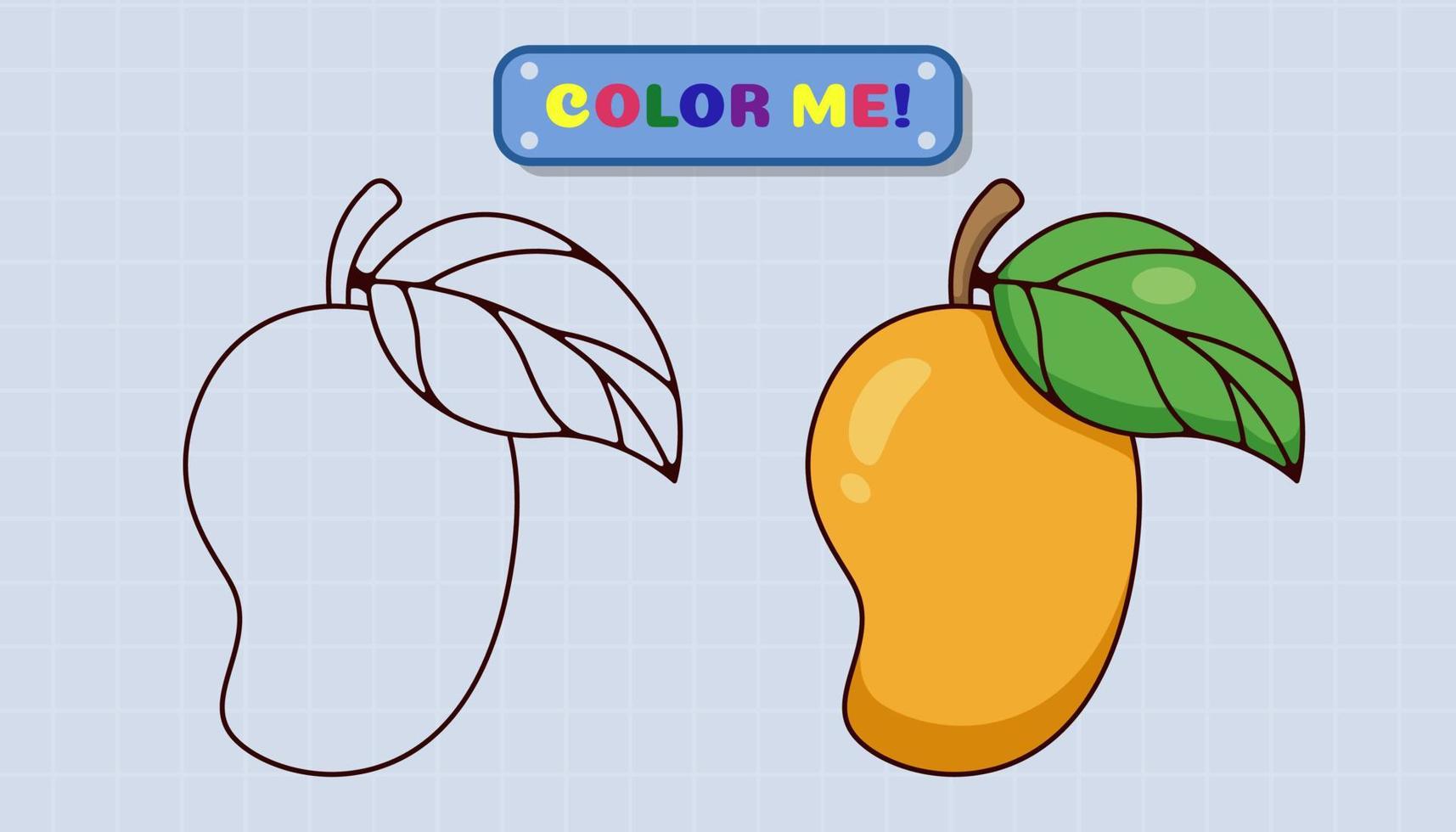 La página del libro para colorear mango viene con bocetos y muestras de color para niños y educación preescolar. ilustración de estilo de dibujos animados vector