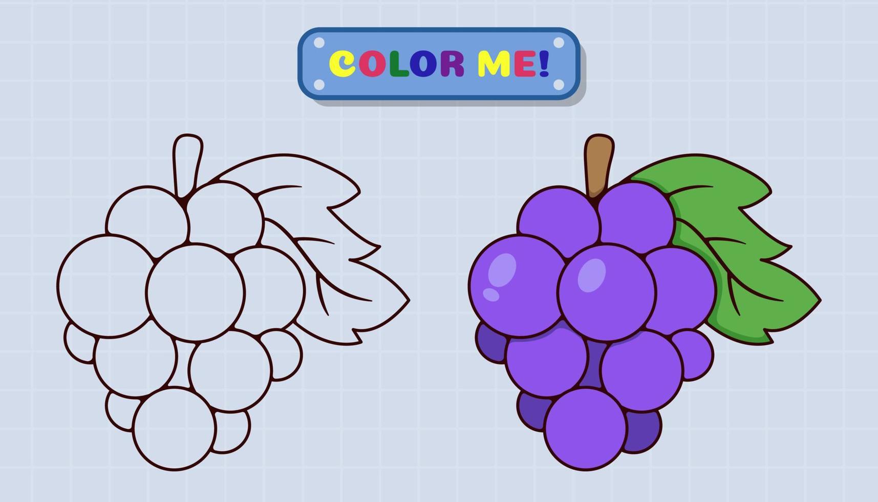 La página del libro para colorear de uva viene con bocetos y muestras de color para niños y educación preescolar. ilustración de estilo de dibujos animados vector