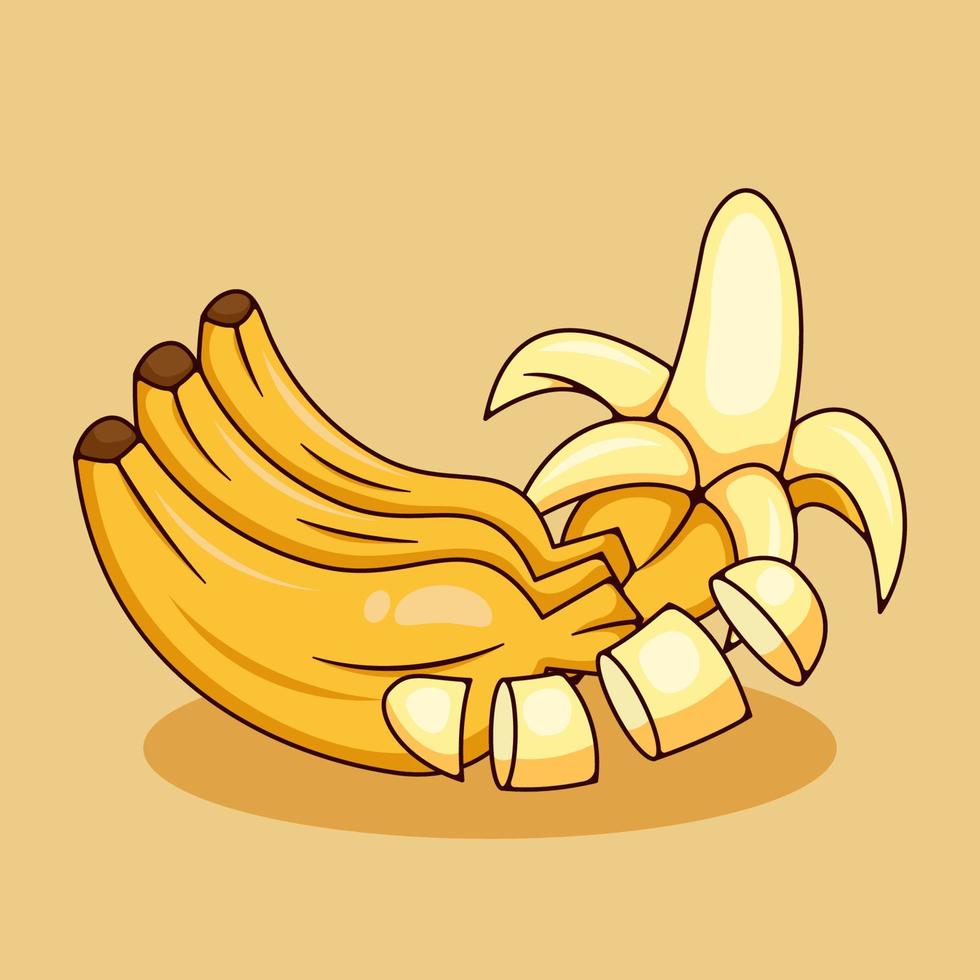 Set of Banana and sliced Banana with cartoon style illustration vector