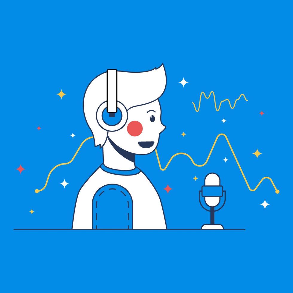 Voice tracking vector illustration, man in headphones in recording studio.