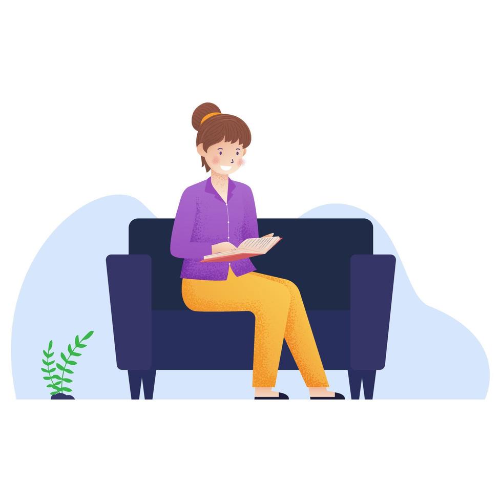 women sit on sofa with read a book vector