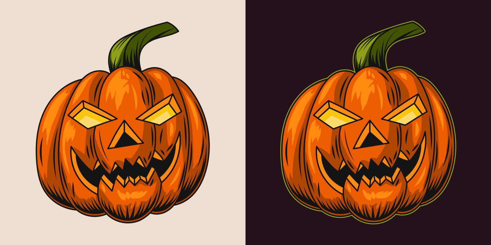 Halloween pumpkin with glowing eyes and grinning smile, scary grimace. Stylization for male face. Traditional jack o lantern. Vector illustration isolated on a white and black background.