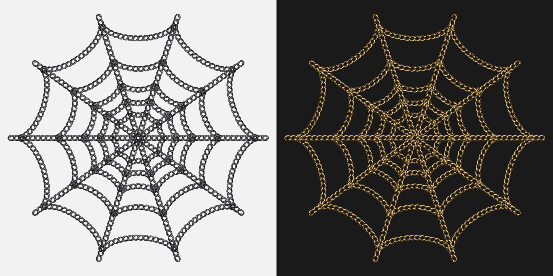 Spider web of gold and black chains isolated on a dark and white background. Decorative illustration for Halloween holiday vector
