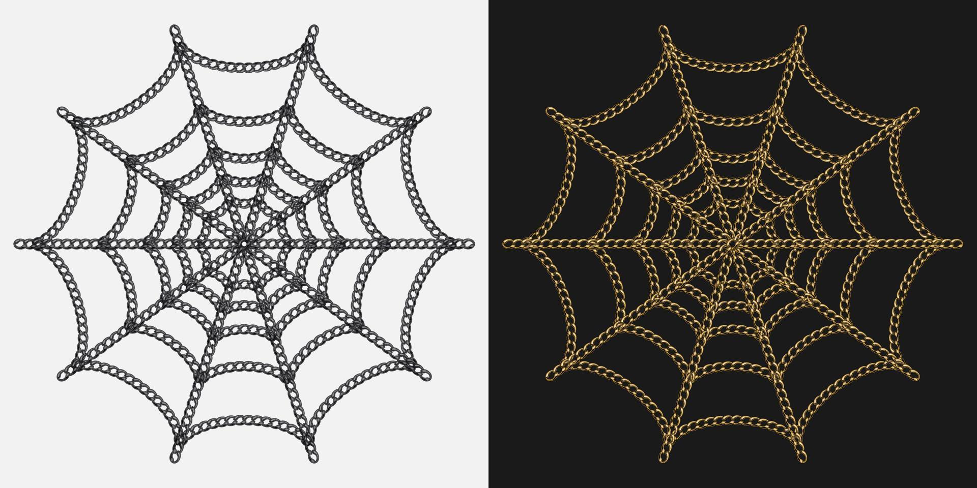 Spider web of gold and black chains isolated on a dark and white background. Decorative illustration for Halloween holiday vector