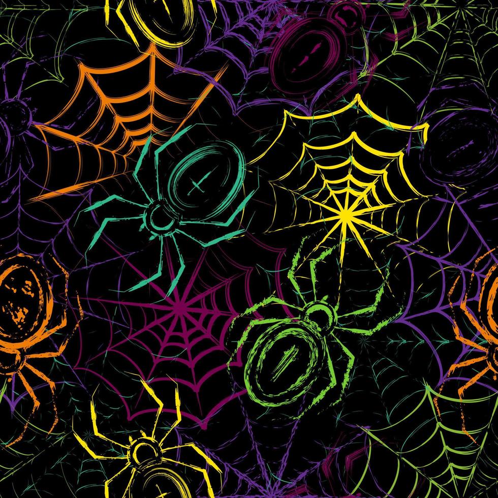 Seamless pattern in grunge style with spiders, spiderweb, paint brush strokes. Bright decoration for Halloween holiday. Dense random chaotic composition. vector