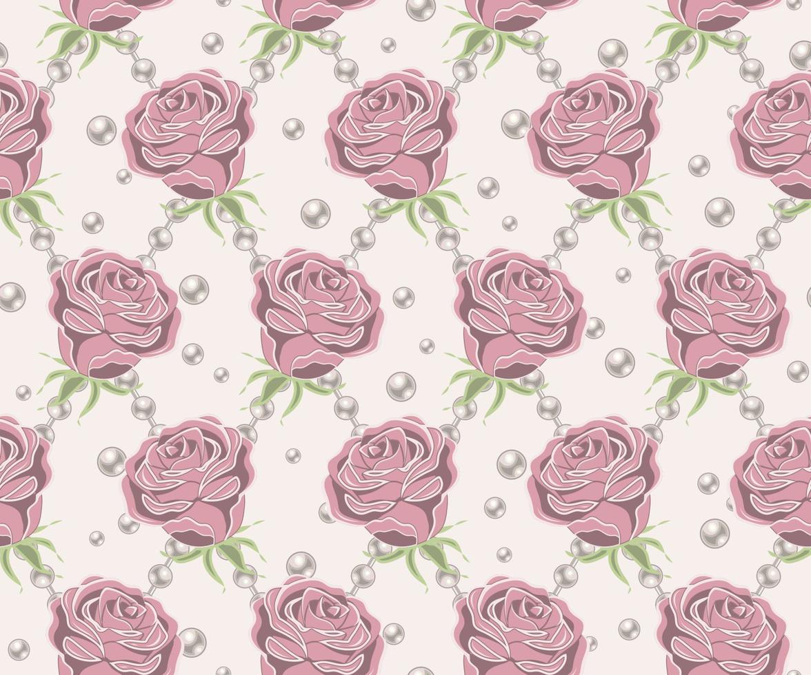 Seamless pattern with pale pink vintage roses, pearl strings, pearls beads in rhombic grid on white background. Vector illustration.