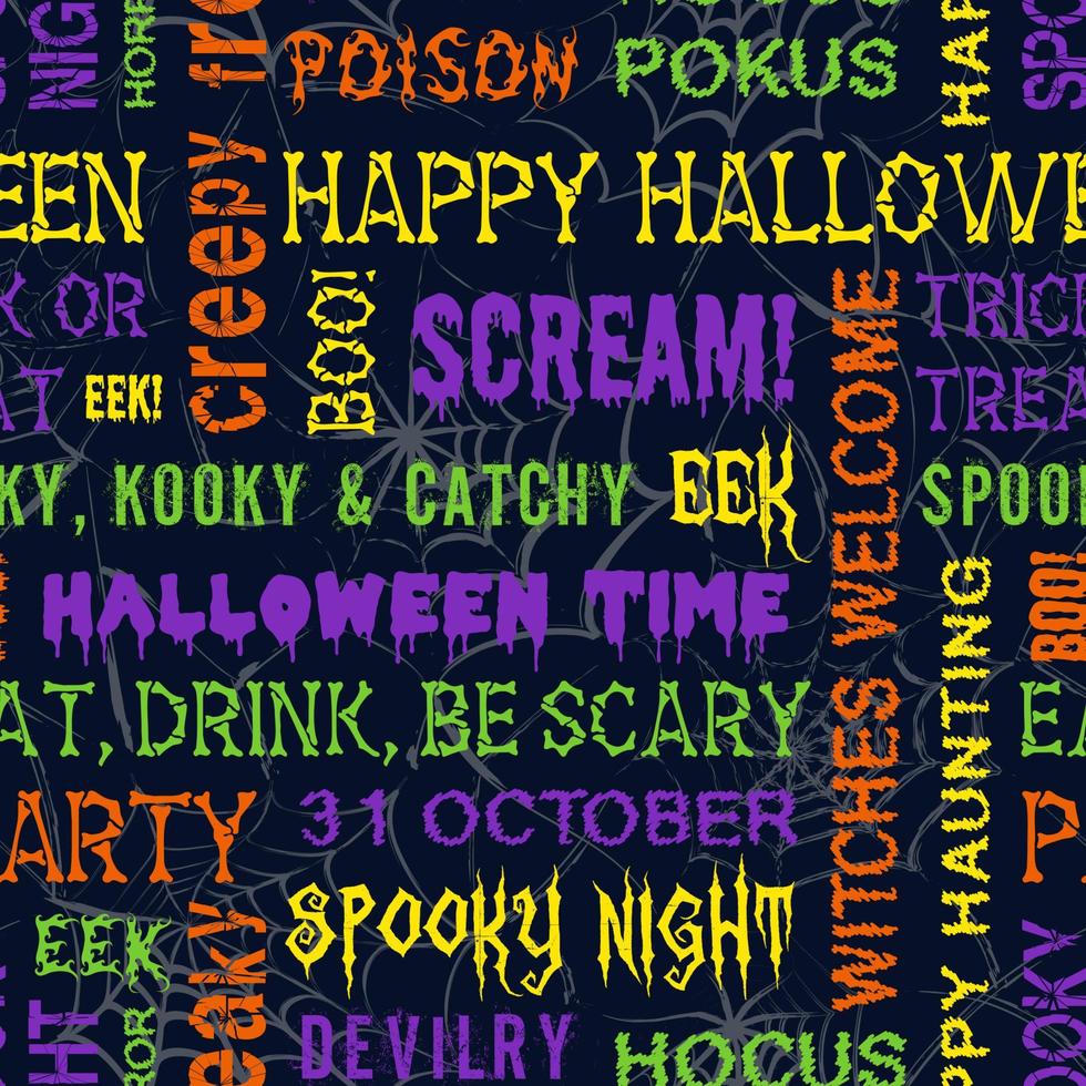 Seamless halloween text pattern with slogans, quotes. phrases, common holiday words. Spiderweb behind in grunge style. Various grunge fonts. Funny bright background for textile, fabric, surface design vector