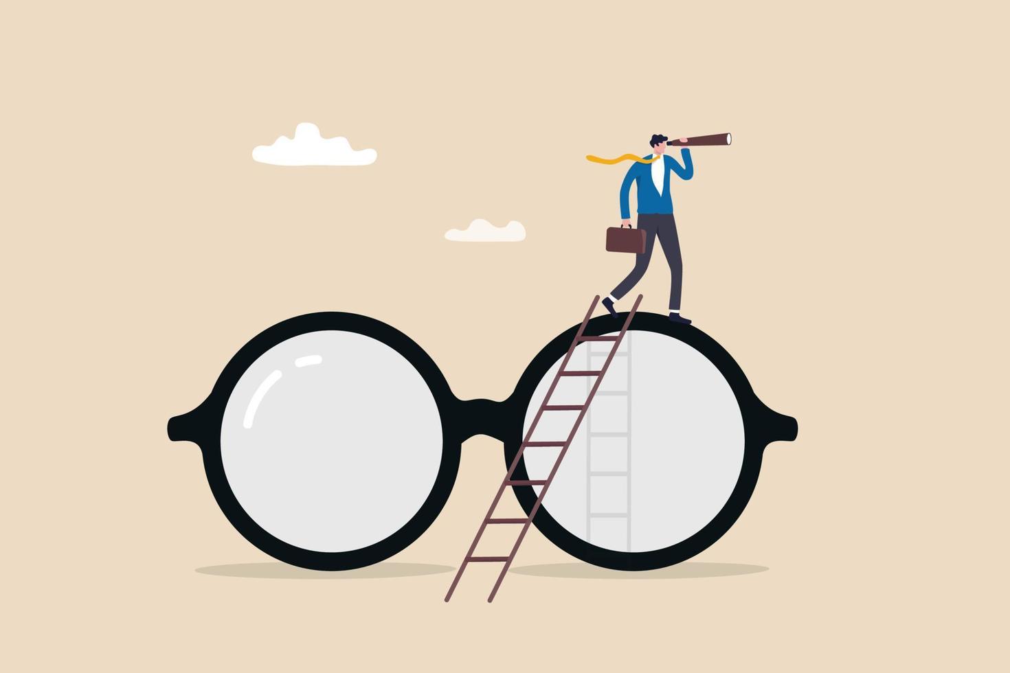 Clear business vision, clarity or transparency, discover way to success or looking for business opportunity, precision or accuracy concept, businessman climb up big eyeglasses see vision on telescope. vector