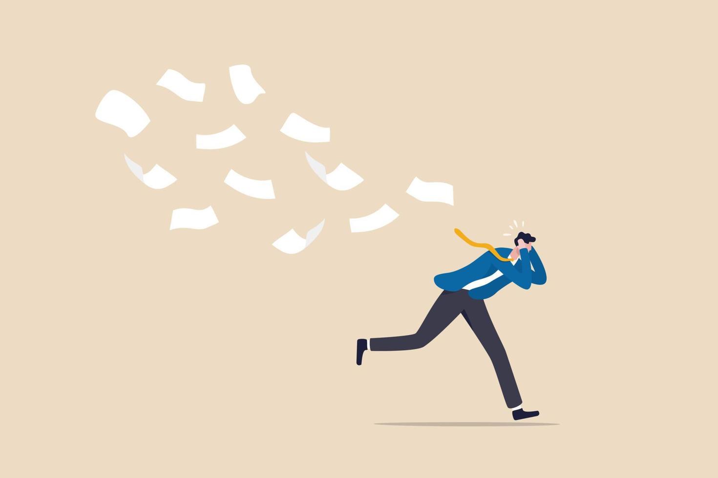 Overwhelmed or work overload, exhausted and anxiety, stressed and tired from problem and trouble, panic attack or shocked, burnout and depression concept, fearful businessman runaway from paperwork. vector