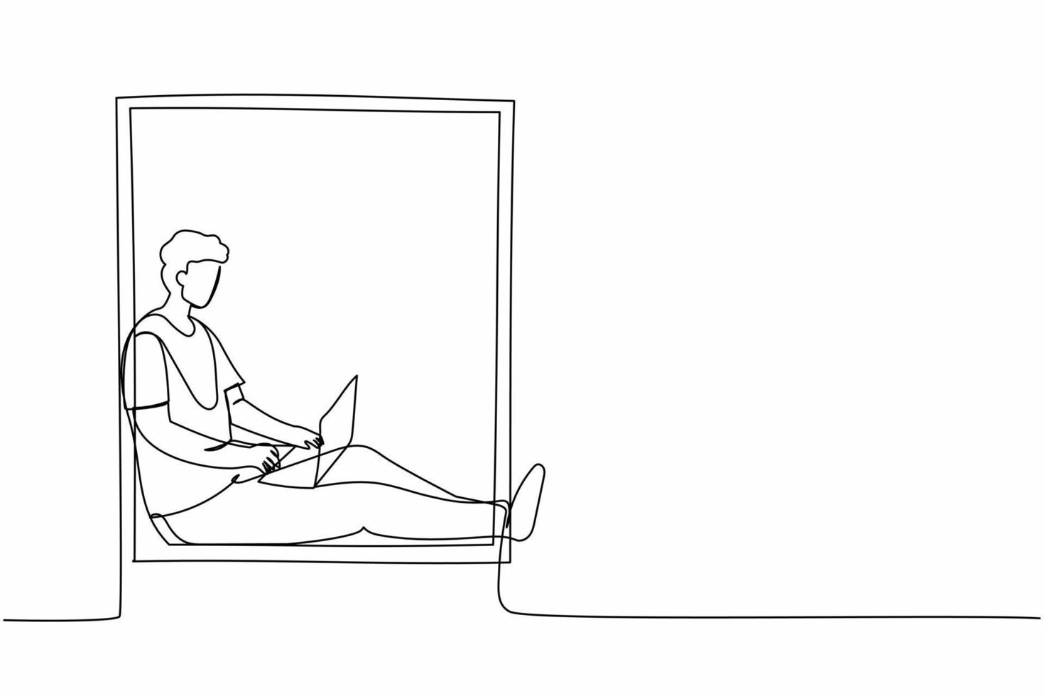 Single continuous line drawing man freelancer sitting on windowsill, working using laptop. Remote work from home. Online education, studying student. One line draw graphic design vector illustration