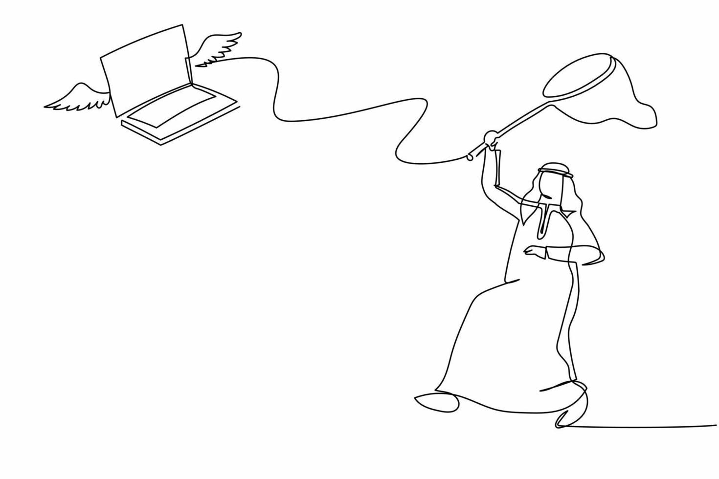 Single one line drawing Arabian businessman try to catching flying laptop with butterfly net. Loss of important company data. Business metaphor. Continuous line draw design graphic vector illustration