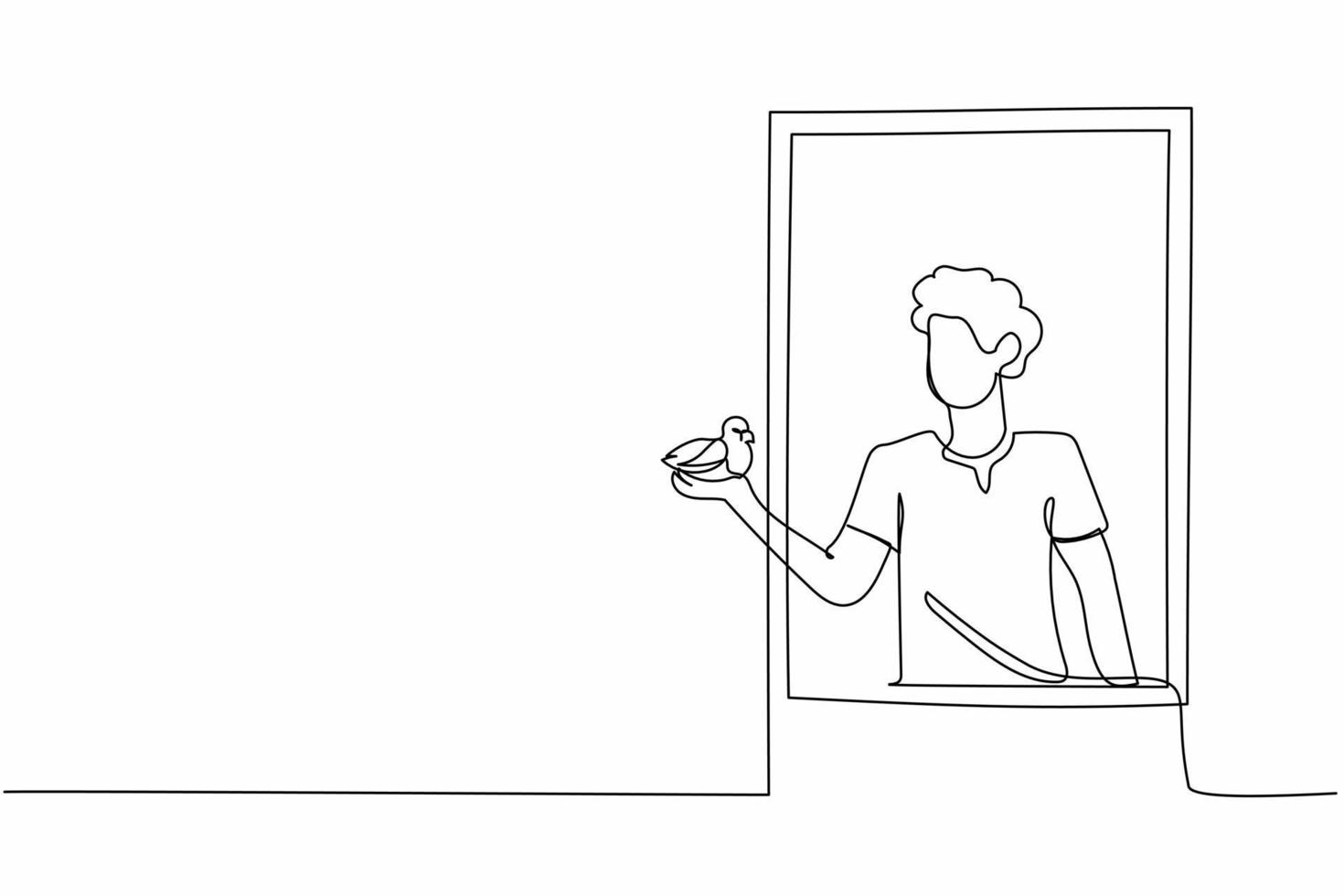 Single one line drawing man opens window. Summer or spring season, young guy with bird in arms. Happy male on balcony, fresh air. Plants, greenery. Continuous line design graphic vector illustration