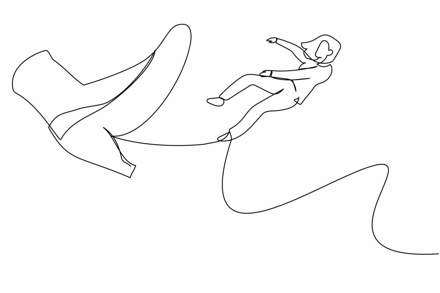 Single continuous line drawing failed businesswoman big foot kicking little women. Female employee kicked out by bigfoot, become unemployed from company. One line graphic design vector illustration