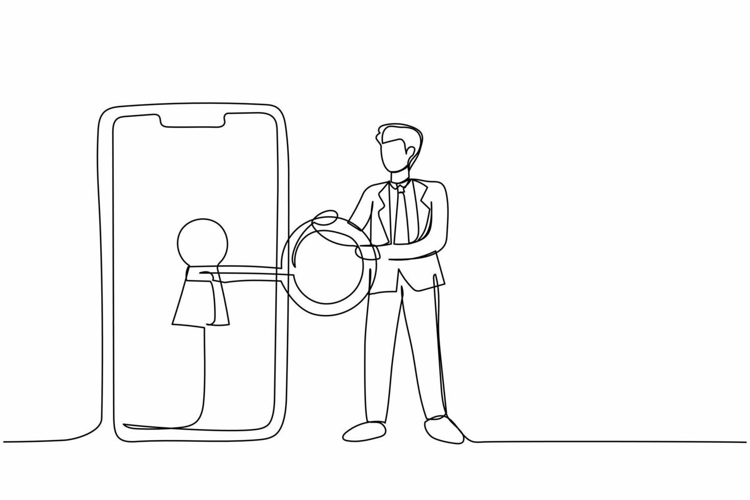 Single one line drawing businessman putting big key into smartphone. Data privacy for protect internet user. Password and login device security system. Continuous line draw design vector illustration