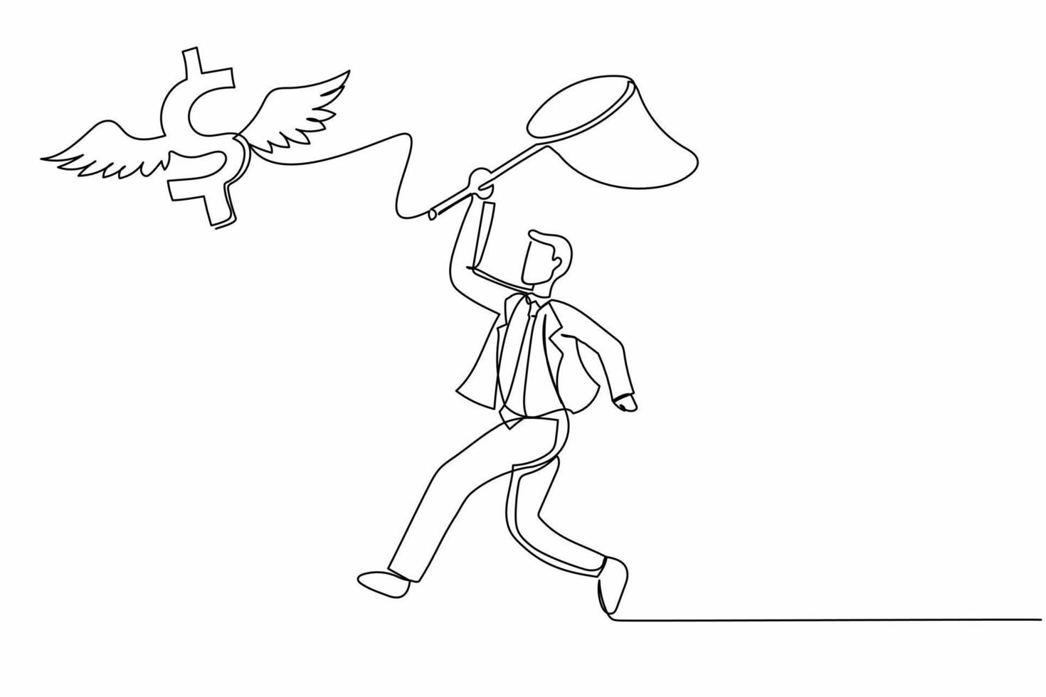 Single continuous line drawing businessman try to catching flying dollar sign symbol with butterfly net. Finance, money, opportunity. Economic crisis. One line draw graphic design vector illustration