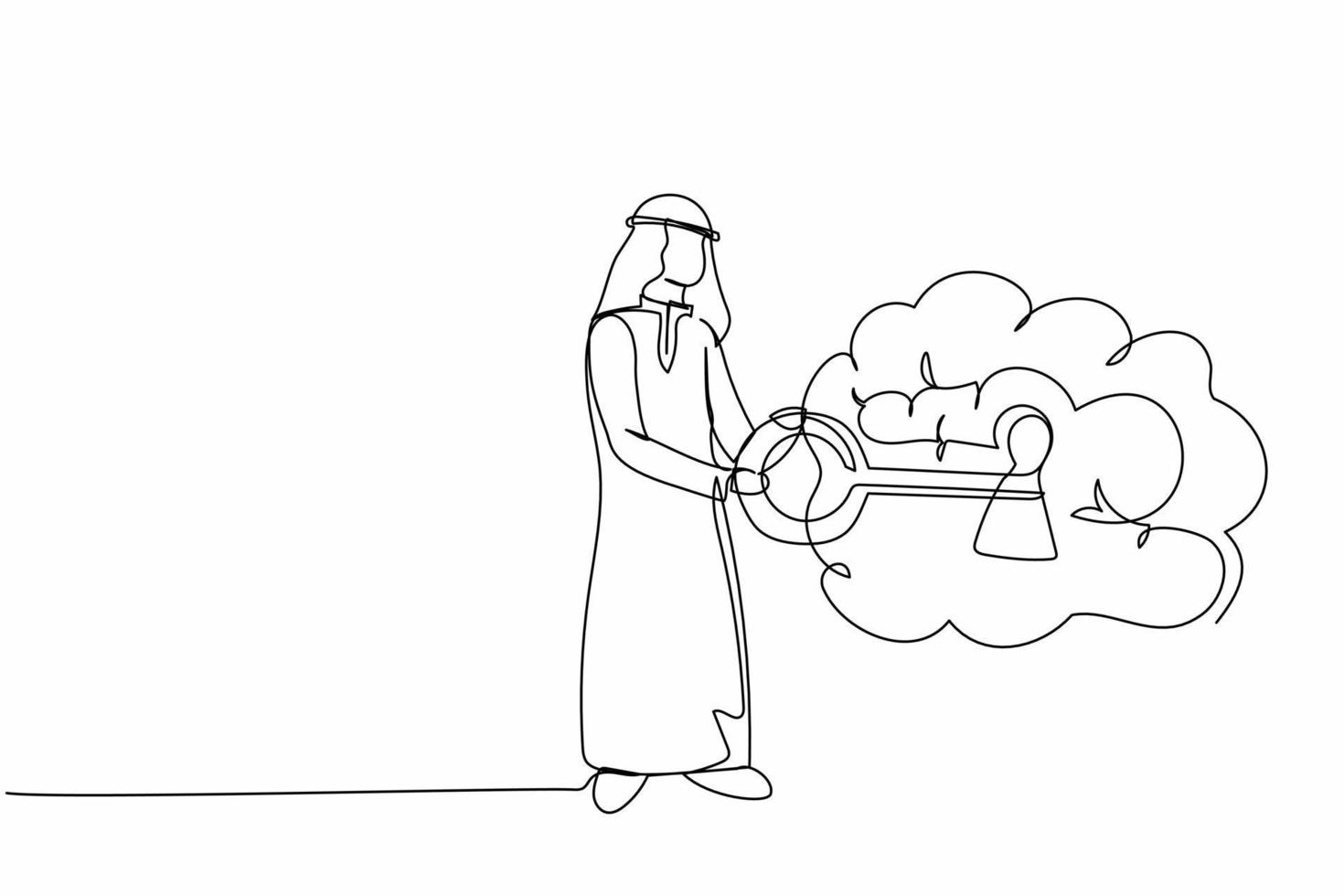 Single one line drawing Arabian businessman putting key into brain. Unlock personality for better healthy. Open mind. Mental health care, psychology. Continuous line design graphic vector illustration