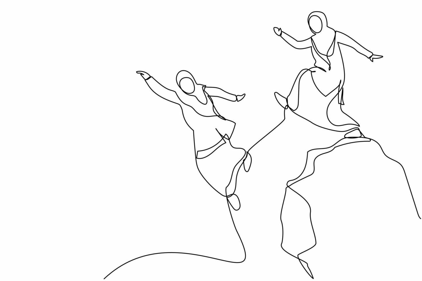 Single continuous line drawing aggressive Arabian businesswoman kick business partner fall off cliff. Dishonesty, betrayal, jealousy, competitor, cheating. One line graphic design vector illustration