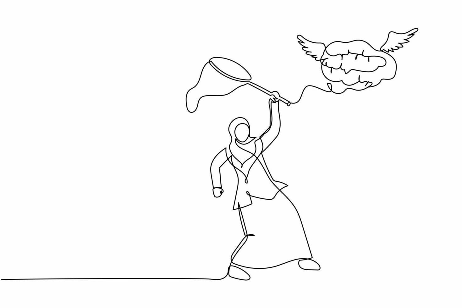 una sola línea de dibujo de una mujer de negocios árabe intenta atrapar el cerebro volador con una red de mariposas. perder una mente brillante o un concepto de pensamiento creativo. ilustración de vector gráfico de diseño de dibujo de línea continua