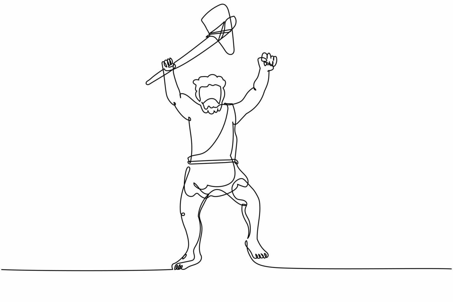 Single one line drawing caveman holding and raised stone axe overhead. Prehistoric man hunter with weapon. Ancient man hunting animal for food. Continuous line draw design graphic vector illustration