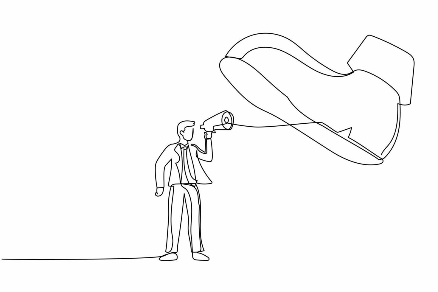 hombre de negocios de dibujo de una sola línea hablando con megáfono bajo un zapato gigante. bota de soldado del ejército pisando a empresario. metáfora del minimalismo. ilustración de vector gráfico de diseño de línea continua