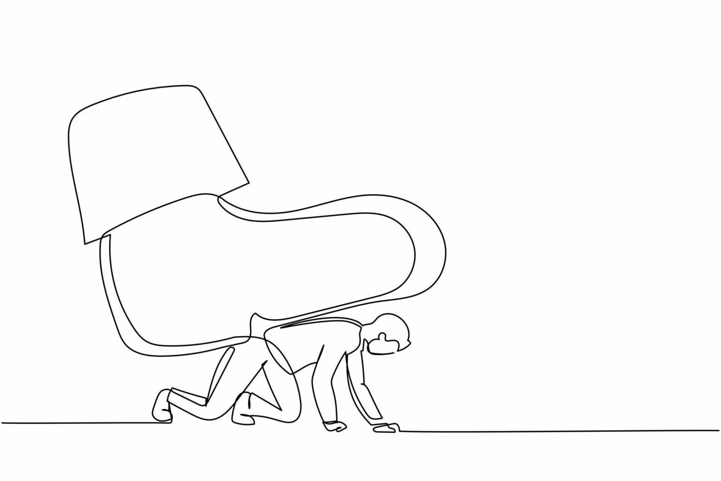 Continuous one line drawing businessman crawling under giant foot trample. Manager under tyranny, dictatorship concept. Minimal metaphor concept. Single line draw design vector graphic illustration