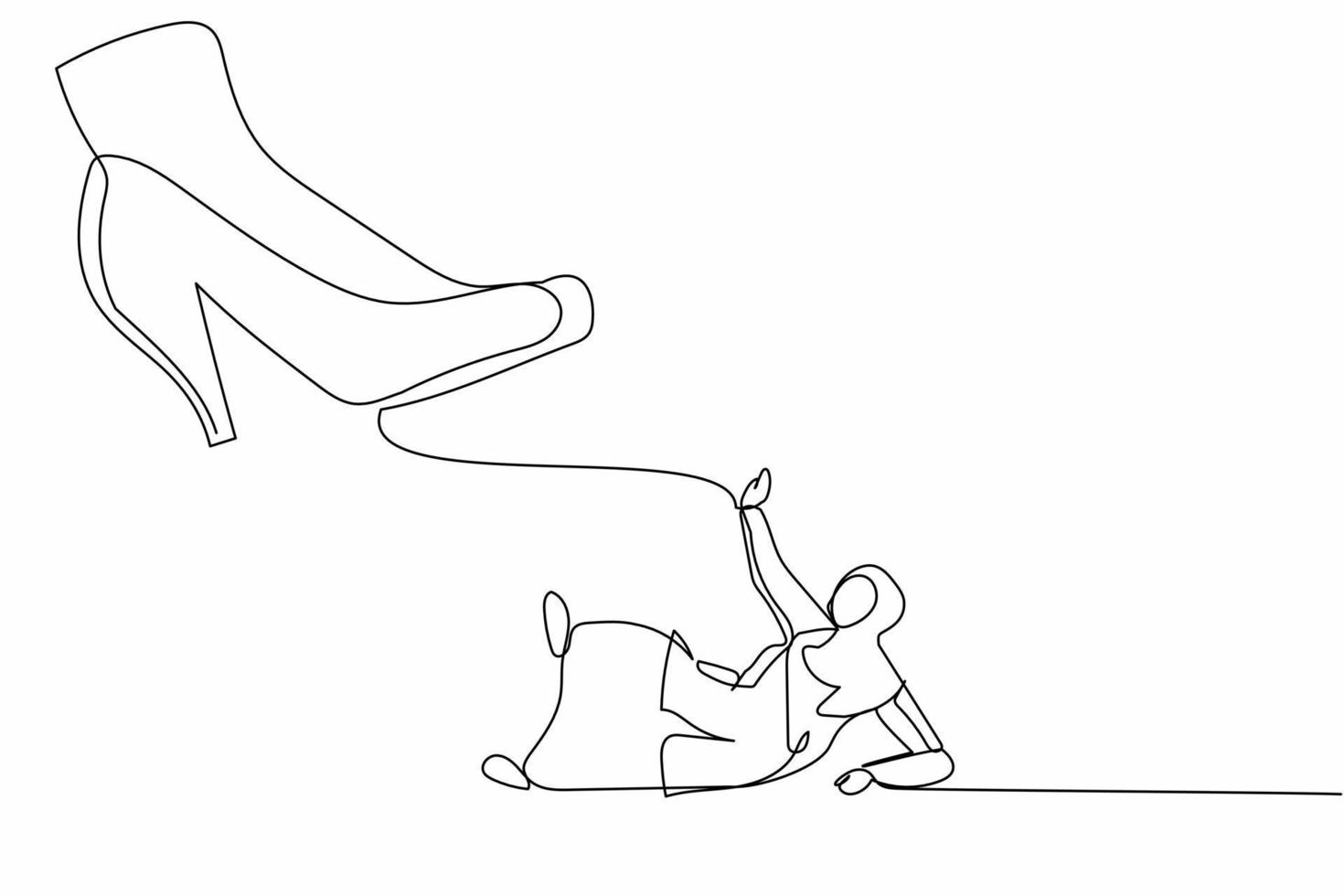 Single continuous line drawing small Arabian businesswoman under the giant foot. Big boss foot in the shoe is going to crush office clerk. Minimal metaphor. One line graphic design vector illustration