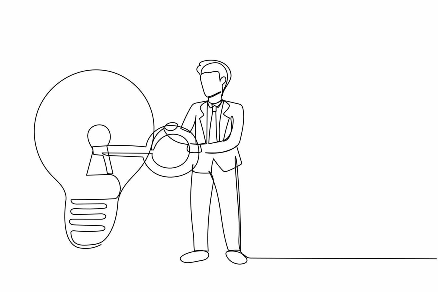 Continuous one line drawing businessman putting big key into light bulb. Unlock new business idea, invent new product or creative thoughts concept. Single line draw design vector graphic illustration