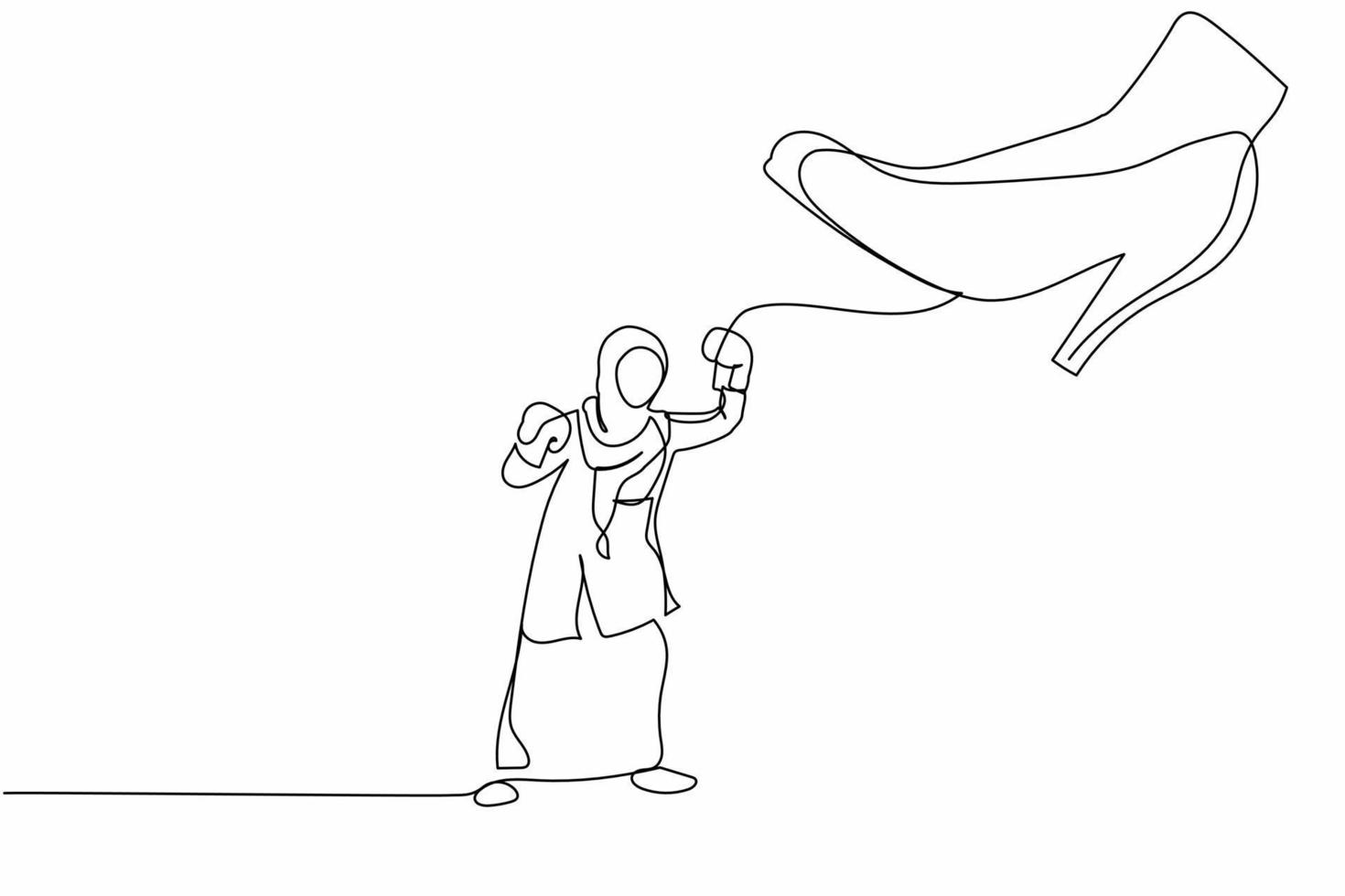 Single continuous line drawing young Arab businesswoman punching uppercut under big foot stomp. Manager against authoritarian or anger boss. Minimal metaphor. One line draw design vector illustration