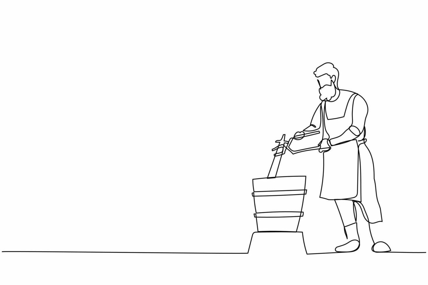 Continuous one line drawing bearded blacksmith master putting hot metal material from furnace in cold water. Steel craft anvil worker. Craftsman in apron. Single line draw design vector illustration