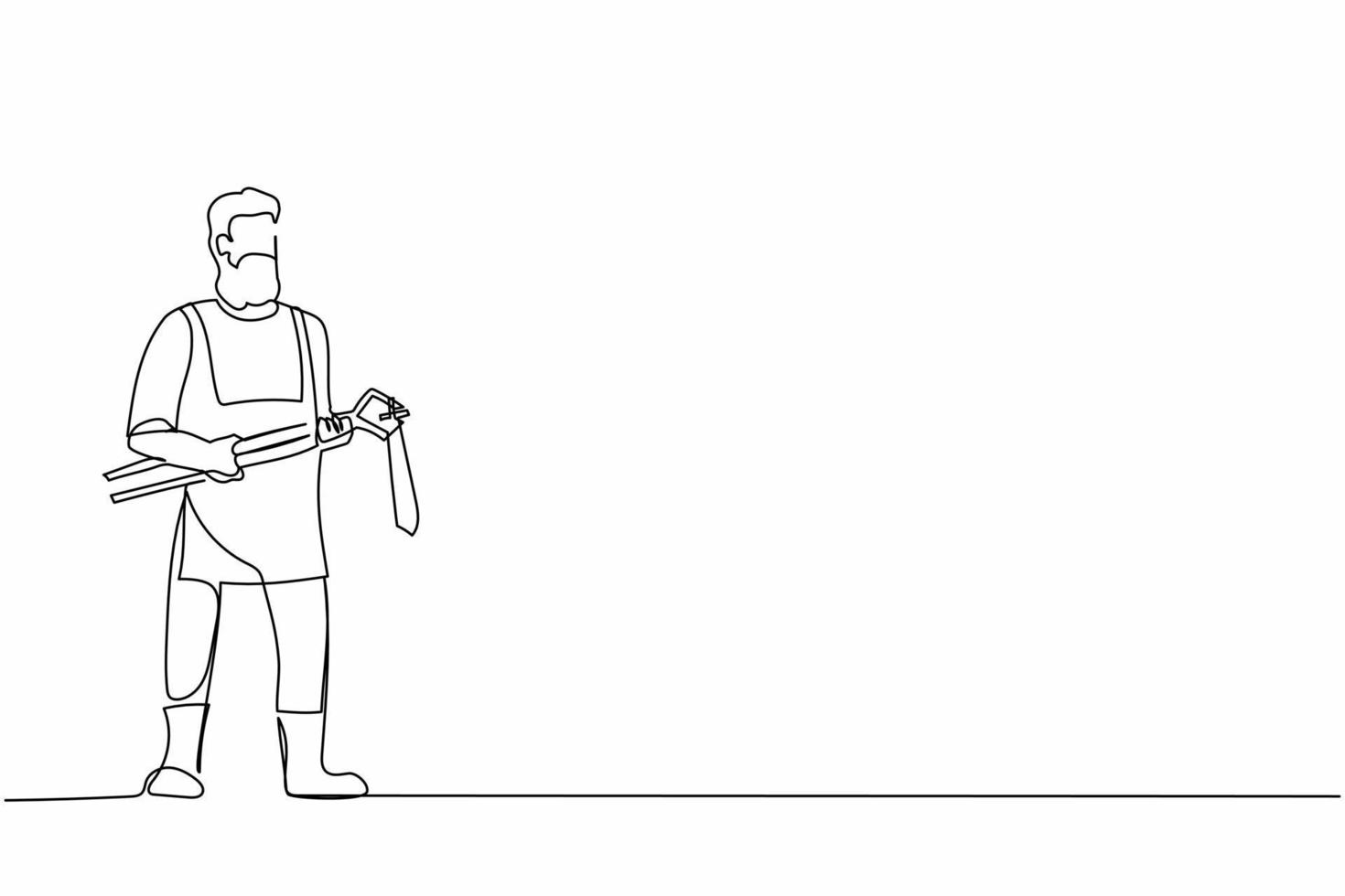 Single one line drawing bearded blacksmith wearing apron standing holding hot blade forged with pliers and tongs. Craftsman making swords and shields. Continuous line draw design vector illustration