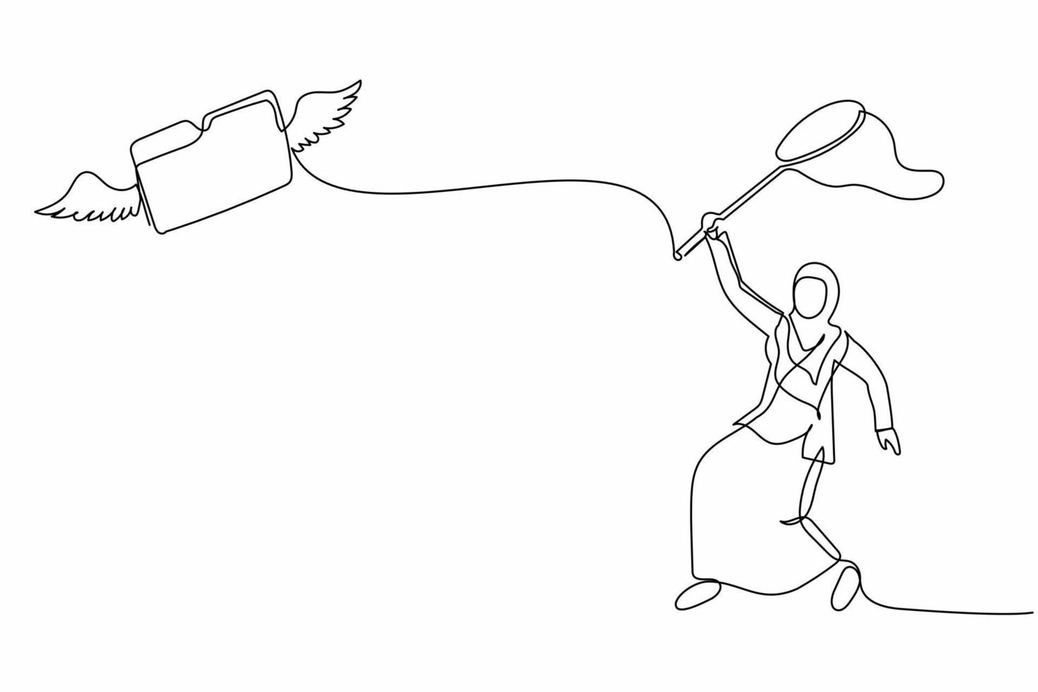 Continuous one line drawing Arabian businesswoman try to catching flying folder with butterfly net. Missing archive file of secret or important document. Single line design vector graphic illustration