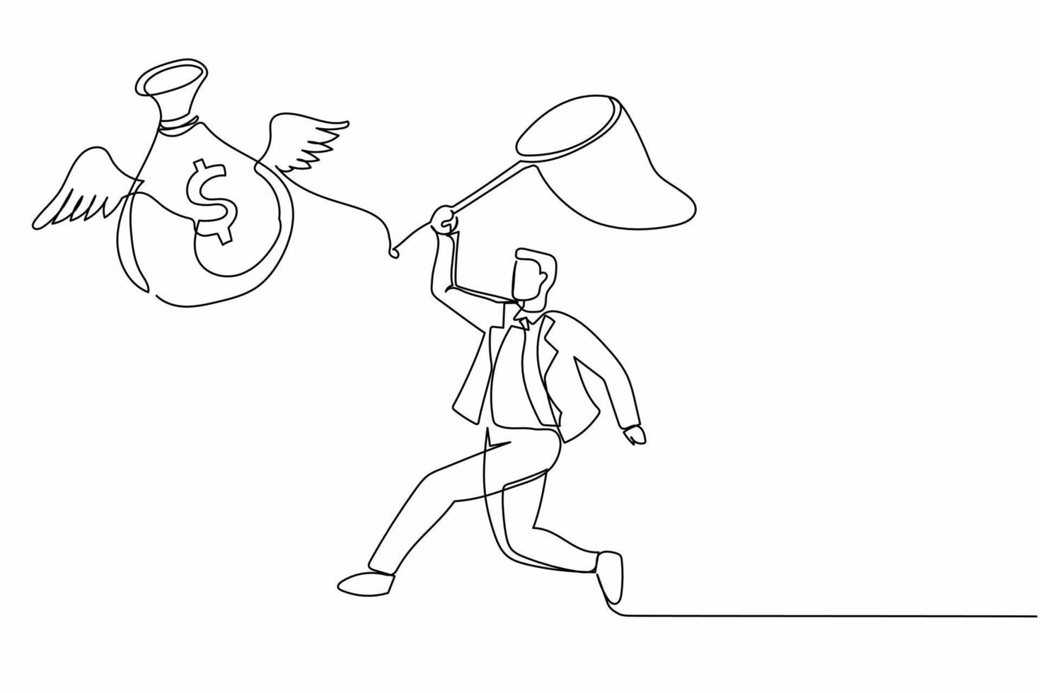 Single one line drawing businessman try to catching flying money bag with butterfly net. Achieving goals, profits, money. Striving for success. Continuous line draw design vector graphic illustration