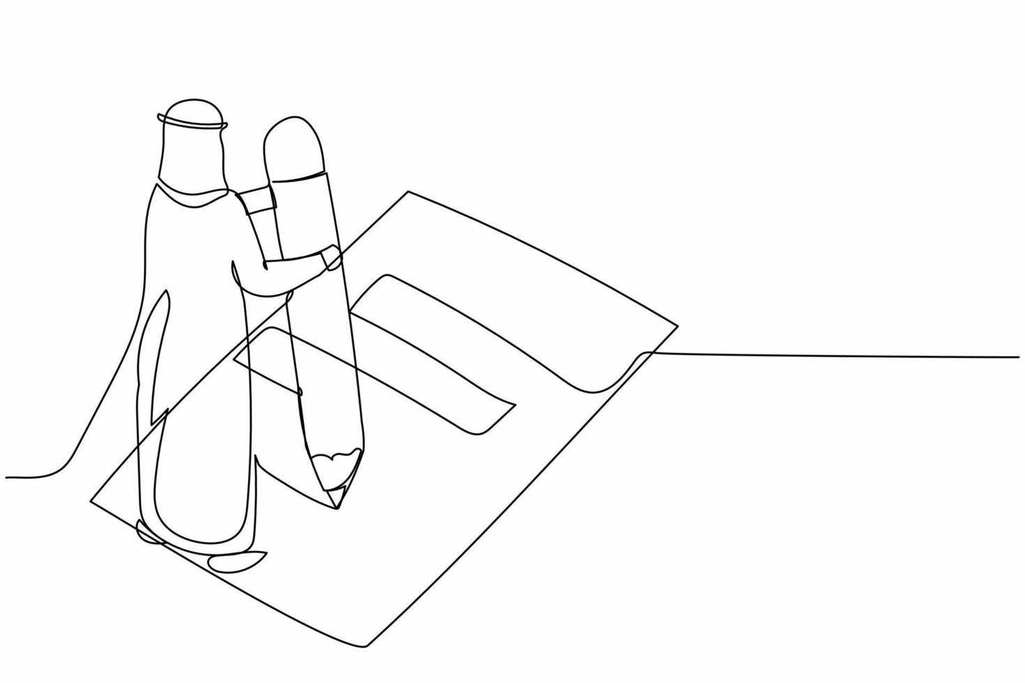 un solo dibujo de una línea hombre de negocios árabe escribiendo formulario de encuesta en el suelo. el trabajador de oficina llenó la lista de verificación en el portapapeles con un lápiz gigante. ilustración de vector gráfico de diseño de dibujo de línea continua