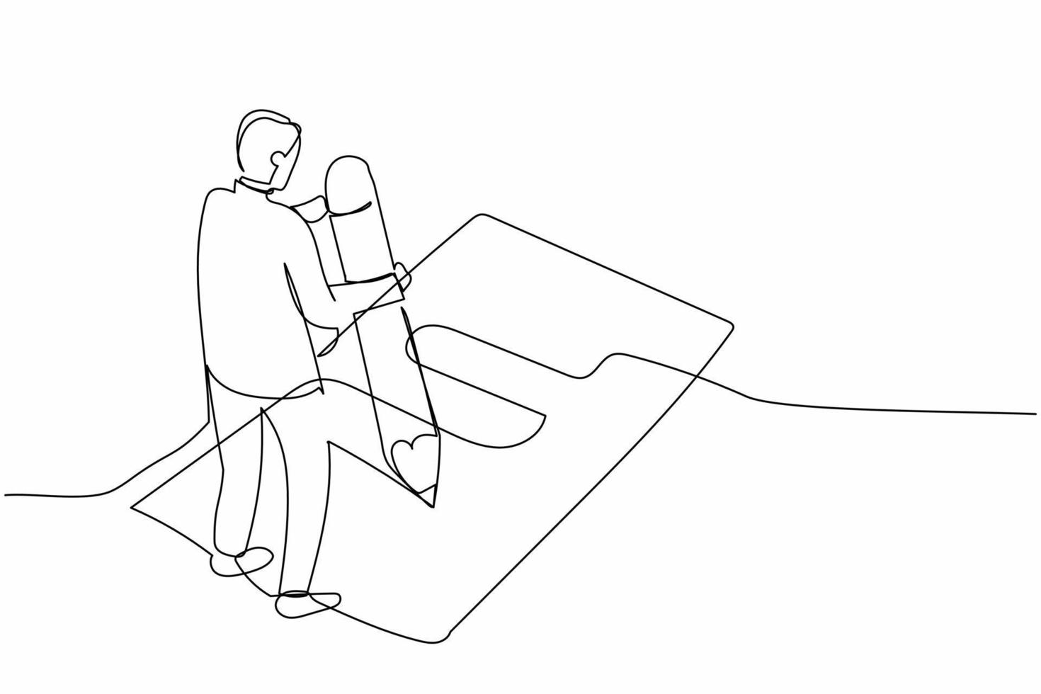 Single continuous line drawing businessman filled out questionnaire on the floor. Worker writes test on clipboard with giant pencil. Man standing near checklist. One line design vector illustration