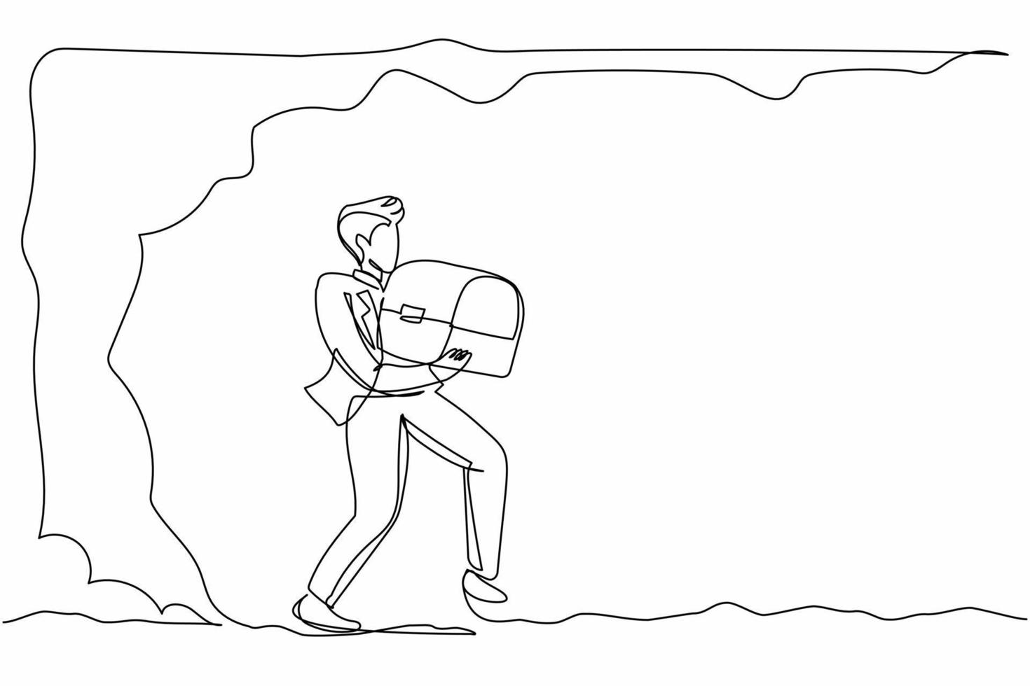 Continuous one line drawing happy businessman carrying treasure chest from underground. Treasure digging, growth wealth concept, hard working process. Single line design vector graphic illustration