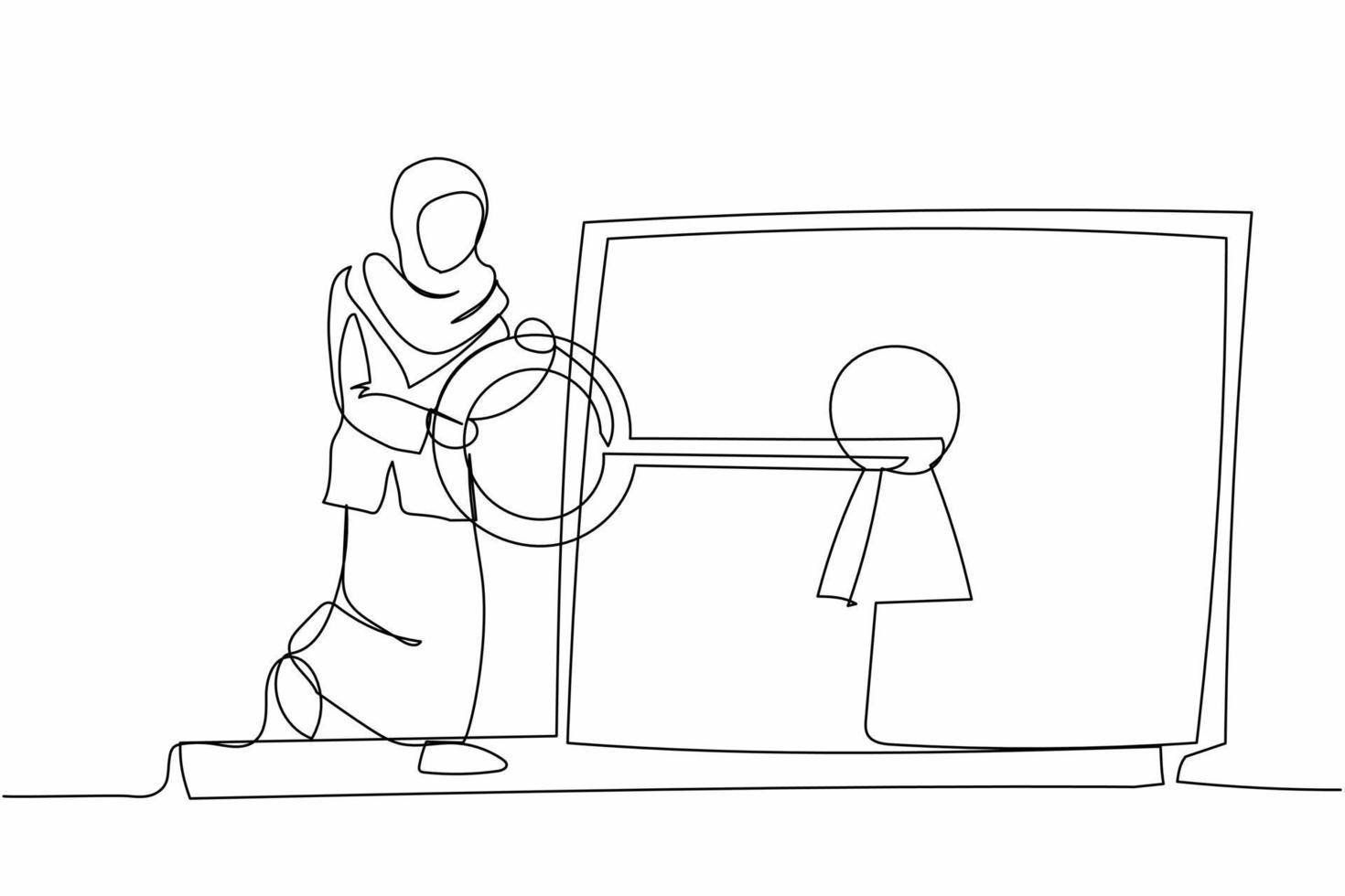 Continuous one line drawing Arab businesswoman put key into laptop computer. Internet security from hacker. Access to encrypted data protection information. Single line draw design vector illustration