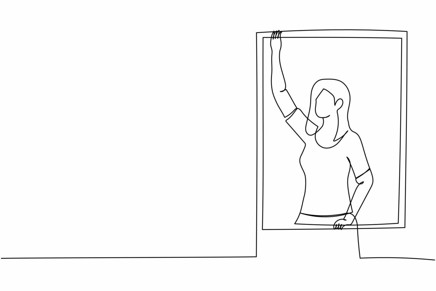 Continuous one line drawing young woman standing near window with waving hand. Loneliness, sadness, quarantine. Mental health problems due to pandemic. Single line design vector graphic illustration