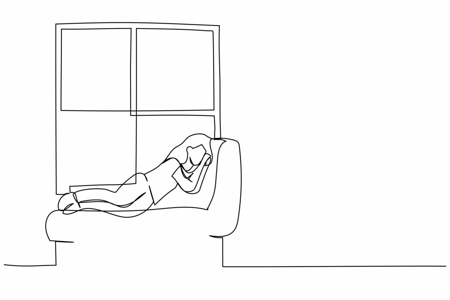 Single one line drawing young woman lying on windowsill at home. Female resting in room near window. Spending time at home, relaxing after work. Continuous line draw design graphic vector illustration