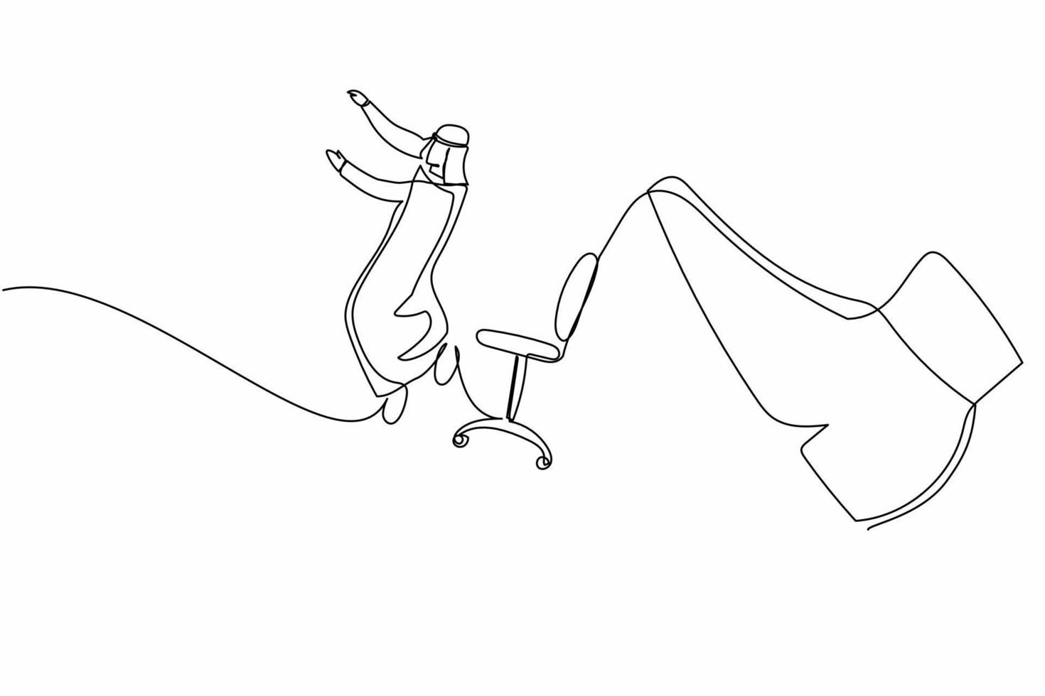 Single continuous line drawing failed small Arab businessman kicked out by big foot. Manager kick away from chair by giant feet. Minimalism metaphor. One line draw graphic design vector illustration
