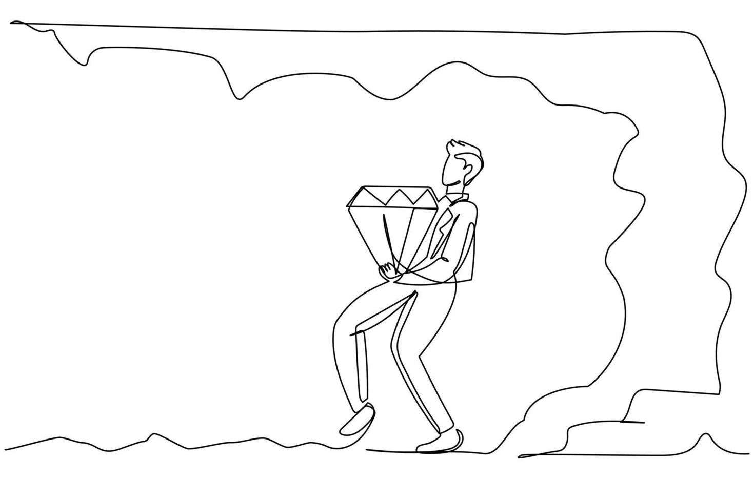 Single one line drawing attractive businessman carrying big diamond from underground. Treasure digging diamond stone. Success, achievement concept. Continuous line design graphic vector illustration