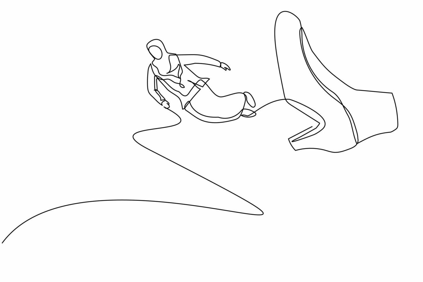 Single continuous line drawing failed Arab businesswoman getting fired, flying through air after being kicked in the back. Minimalism metaphor concept. One line draw graphic design vector illustration