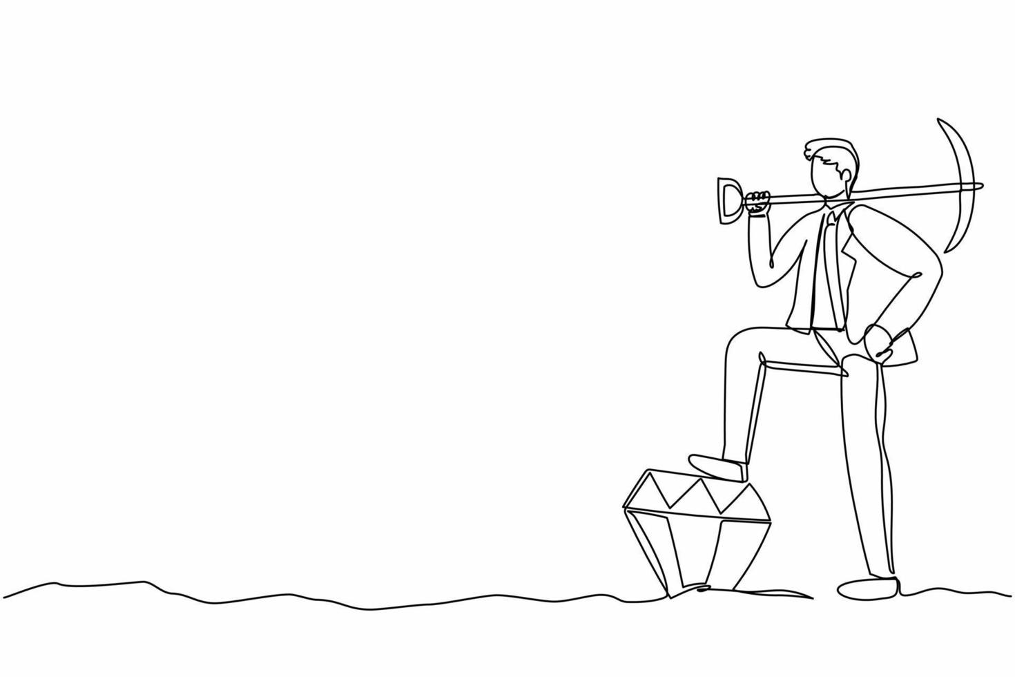 Single one line drawing businessman holding pickaxe on shoulder and kicking big diamond. Success business achievement exploring concept. Continuous line draw design graphic vector illustration