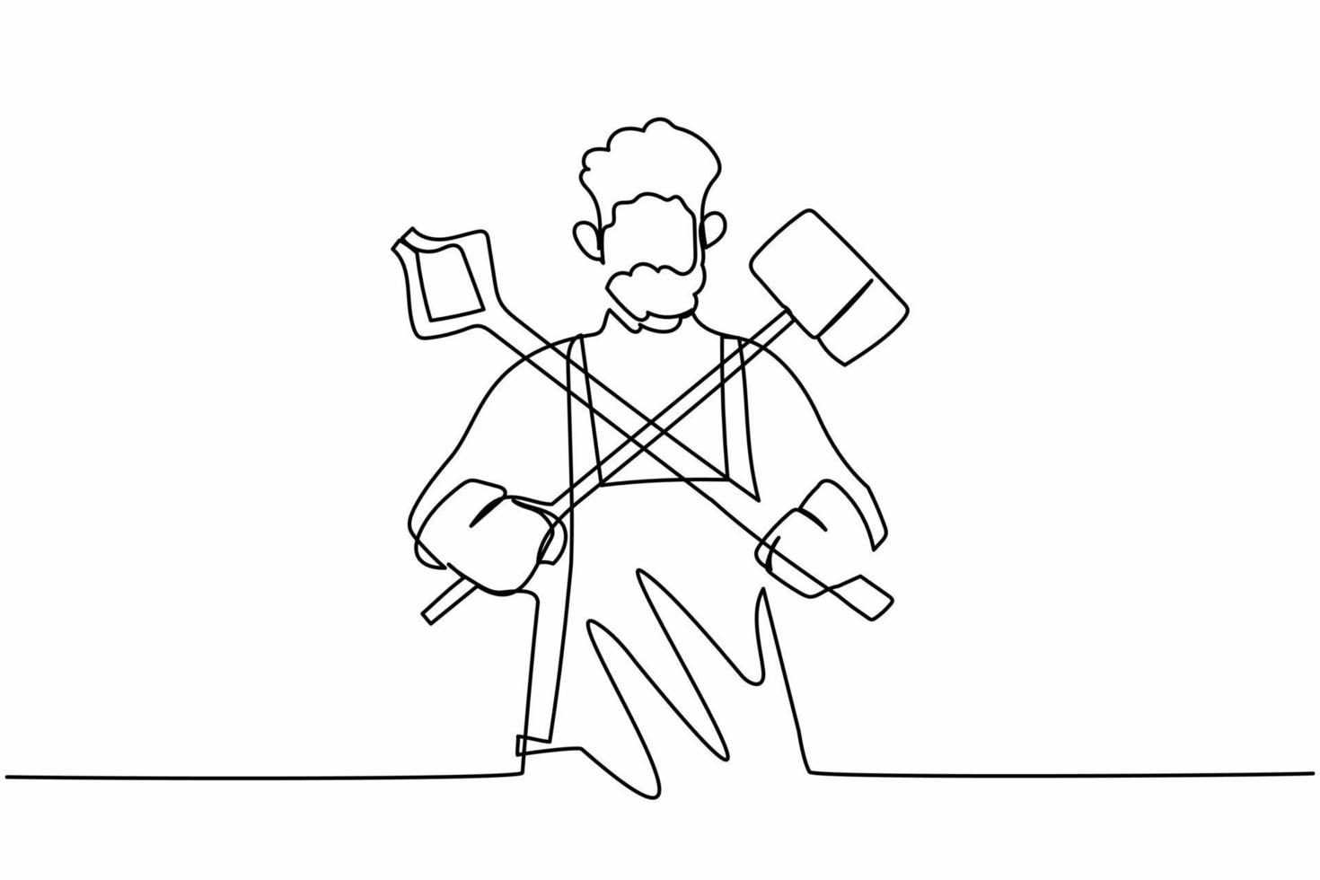 Single continuous line drawing bearded blacksmith standing wearing apron holding sledgehammer and pliers crossed. Worker producing steel craft in workshop. One line graphic design vector illustration
