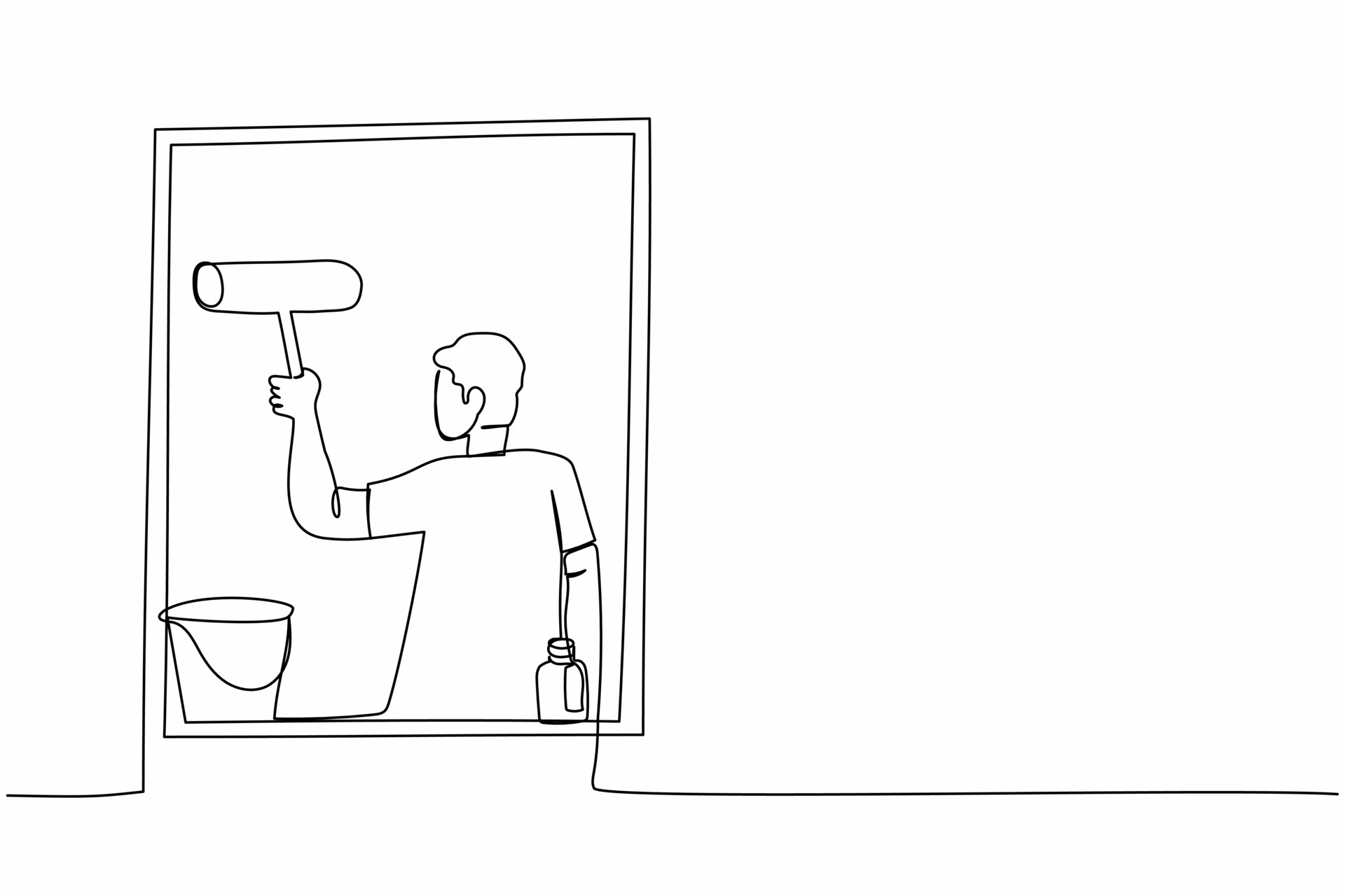 Single continuous line drawing man cleaning windows with glass cleaner